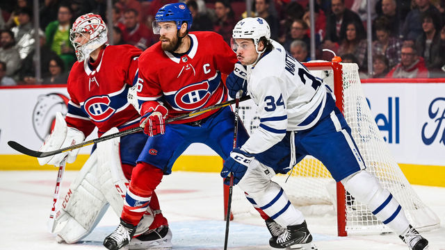 MONTREAL, QC - OCTOBER 26: Toronto Maple Leafs center Auston Matthews (34) tries to get into position beside Montreal Canadiens defenceman Shea Weber (6) during the Toronto Maple Leafs versus the Montreal Canadiens game on October 26, 2019, at Bell Centre in Montreal, QC