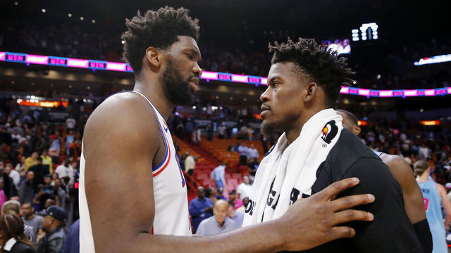 MIAMI, FLORIDA - FEBRUARY 03: Joel Embiid #21 of the Philadelphia 76ers greets Jimmy Butler #22 of the Miami Heat after the game at American Airlines Arena on February 03, 2020 in Miami, Florida. NOTE TO USER: User expressly acknowledges and agrees that, by downloading and/or using this photograph, user is consenting to the terms and conditions of the Getty Images License Agreement.