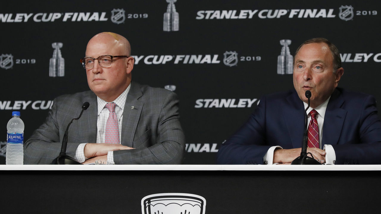 BOSTON, MA - MAY 27: NHL Deputy Commissioner Bill Daly III and Commissioner Gary Bettman before Game 1 of the 2019 Stanley Cup Finals between the Boston Bruins and the St. Louis Blues on May 27, 2019, at TD Garden in Boston, Massachusetts.
