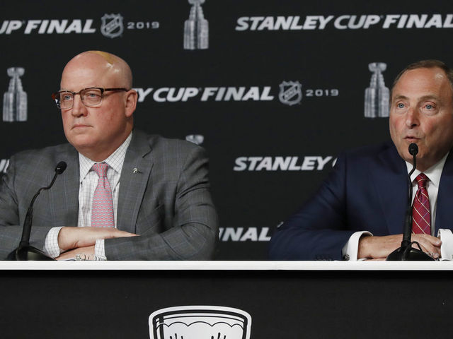 BOSTON, MA - MAY 27: NHL Deputy Commissioner Bill Daly III and Commissioner Gary Bettman before Game 1 of the 2019 Stanley Cup Finals between the Boston Bruins and the St. Louis Blues on May 27, 2019, at TD Garden in Boston, Massachusetts.