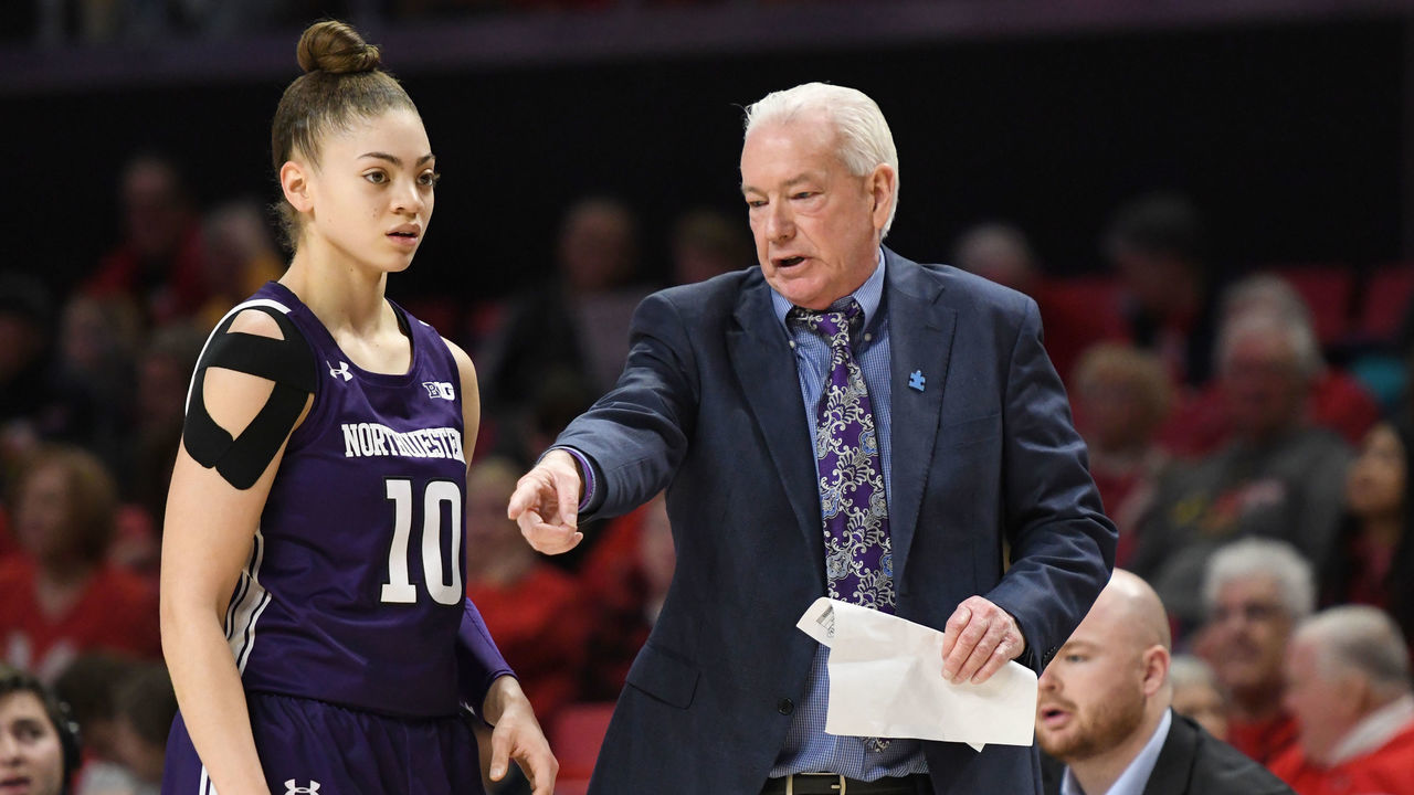 COLLEGE PARK, MD - JANUARY 26: Head coach Joe McKeown of the Northwestern Wildcats talks with Lindsey Pulliam #10 during a women's college basketball game against the Maryland Terrapins at the Xfinity Center on January 26, 2020 in College Park, Maryland.