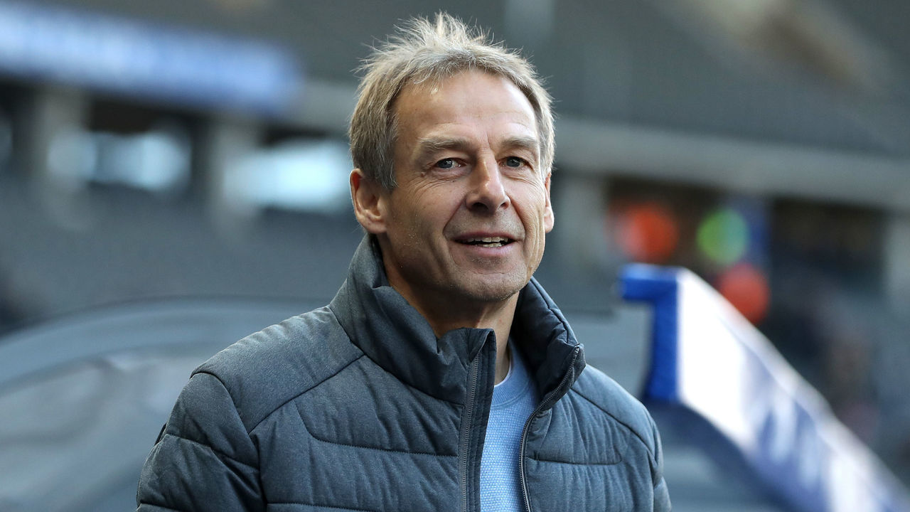BERLIN, GERMANY - FEBRUARY 08: Jurgen Klinsmann, Head Coach of Herta BSC looks on prior to the Bundesliga match between Hertha BSC and 1. FSV Mainz 05 at Olympiastadion on February 08, 2020 in Berlin, Germany.