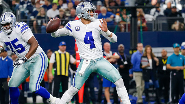 ARLINGTON, TX - DECEMBER 29: Dallas Cowboys Quarterback Dak Prescott (4) drops back to pass during the NFC East game between the Dallas Cowboys and Washington Redskins on December 29, 2019 at AT&T Stadium in Arlington, TX.