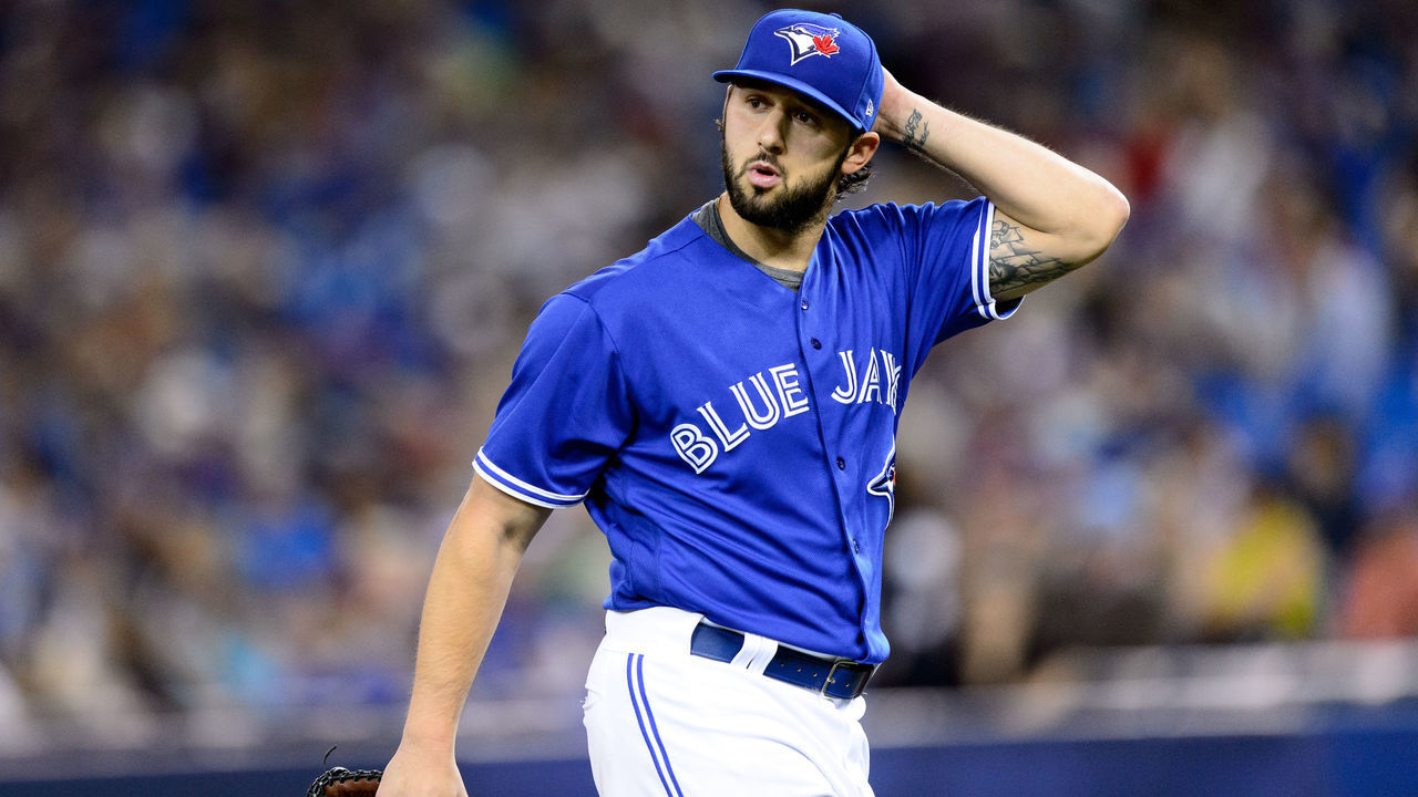 TORONTO, ON - MAY 31: Toronto Blue Jays Pitcher Mike Bolsinger (49) reacts after the first inning of the MLB regular season game between the Toronto Blue Jays and the Cincinnati Reds on May 31, 2017, at Rogers Centre in Toronto, ON, Canada. (Photograph by Julian Avram/Icon Sportswire via Getty Images)