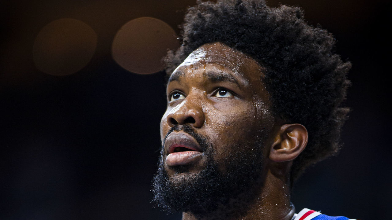 PHILADELPHIA, PA - JANUARY 6: Joel Embiid #21 of the Philadelphia 76ers looks on during a game against the Oklahoma City Thunder on January 6, 2020 at the Wells Fargo Center in Philadelphia, Pennsylvania NOTE TO USER: User expressly acknowledges and agrees that, by downloading and/or using this Photograph, user is consenting to the terms and conditions of the Getty Images License Agreement. Mandatory Copyright Notice: Copyright 2020 NBAE