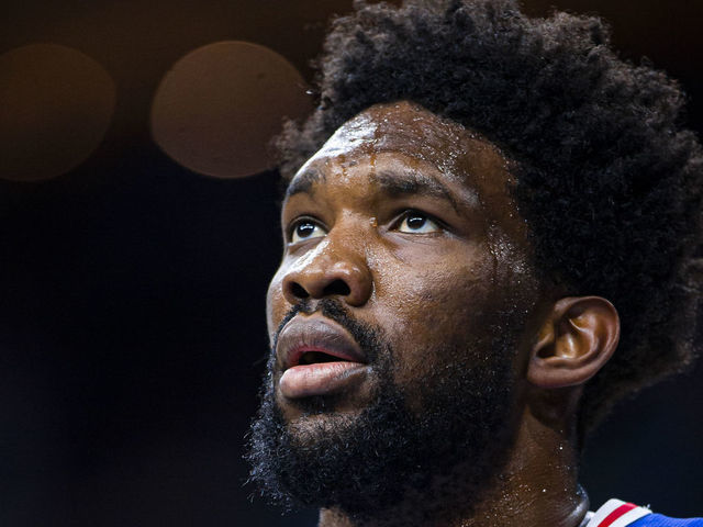 PHILADELPHIA, PA - JANUARY 6: Joel Embiid #21 of the Philadelphia 76ers looks on during a game against the Oklahoma City Thunder on January 6, 2020 at the Wells Fargo Center in Philadelphia, Pennsylvania NOTE TO USER: User expressly acknowledges and agrees that, by downloading and/or using this Photograph, user is consenting to the terms and conditions of the Getty Images License Agreement. Mandatory Copyright Notice: Copyright 2020 NBAE