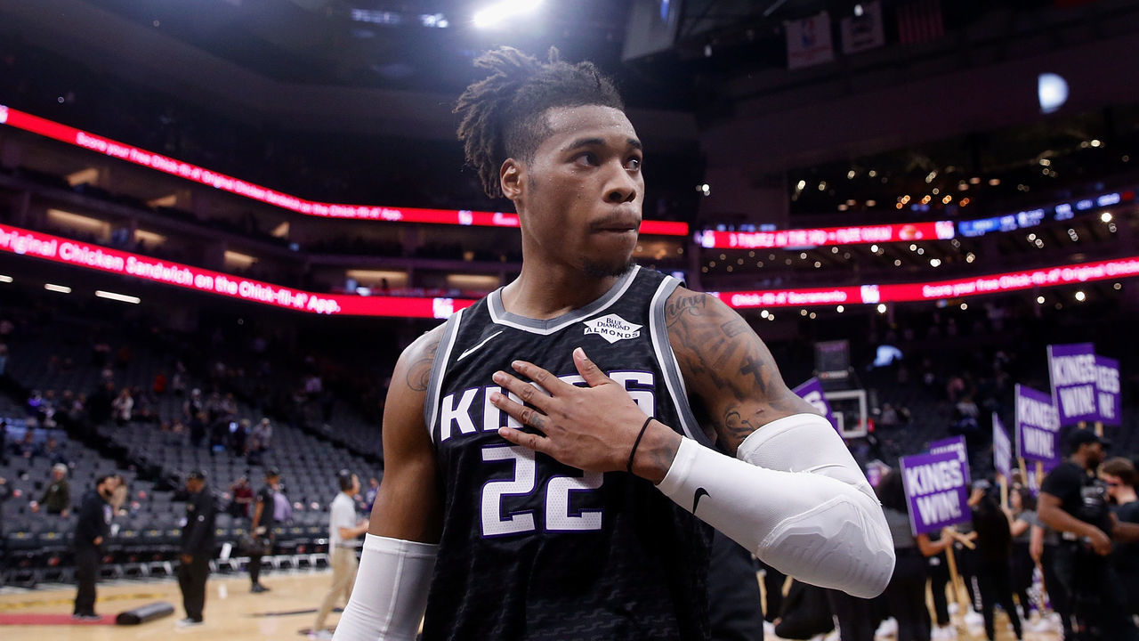 SACRAMENTO, CALIFORNIA - JANUARY 02: Richaun Holmes #22 of the Sacramento Kings acknowledges the fans after a win against the Memphis Grizzlies at Golden 1 Center on January 02, 2020 in Sacramento, California. NOTE TO USER: User expressly acknowledges and agrees that, by downloading and/or using this photograph, user is consenting to the terms and conditions of the Getty Images License Agreement.