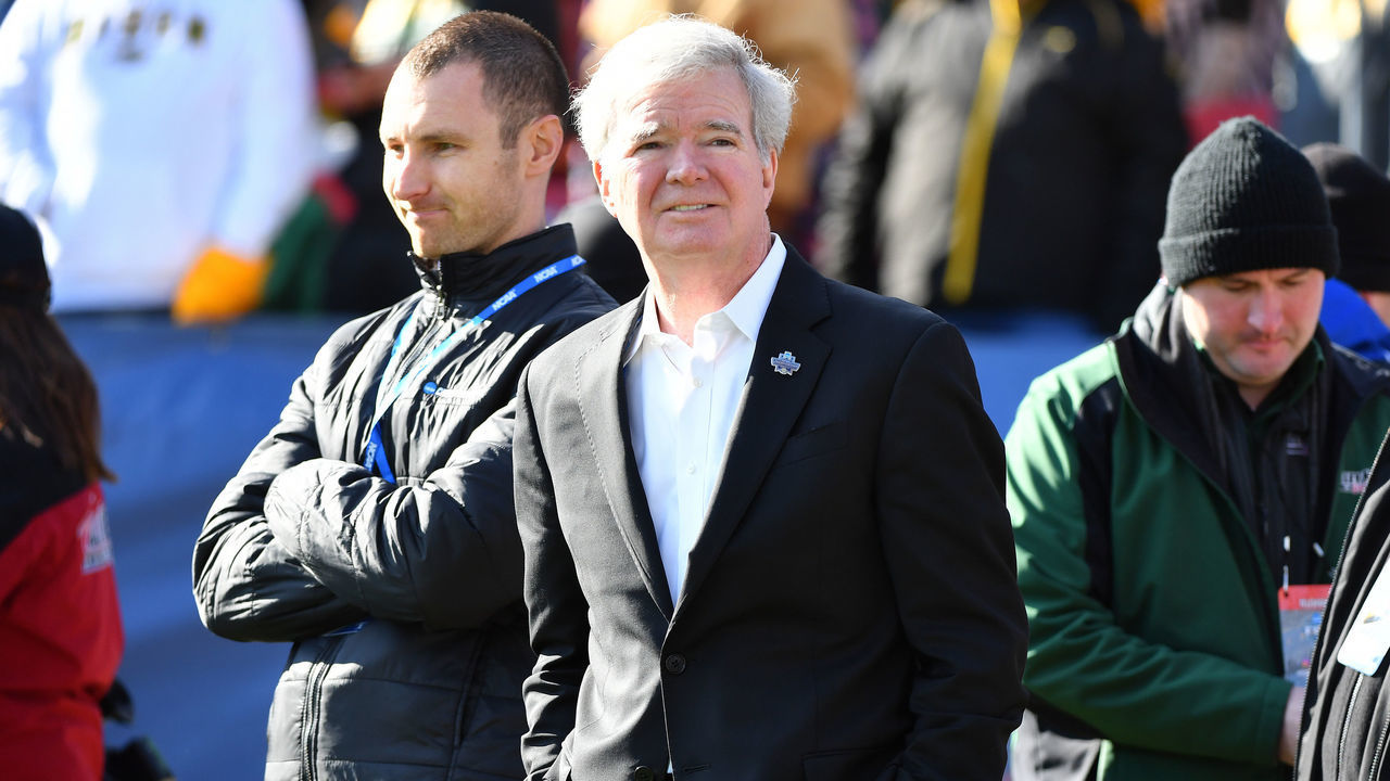 FRISCO, TX - JANUARY 11: NCAA President Mark Emmert watches from the sidelines during the Division I FCS Football Championship held at Toyota Stadium on January 11, 2020 in Frisco, Texas.
