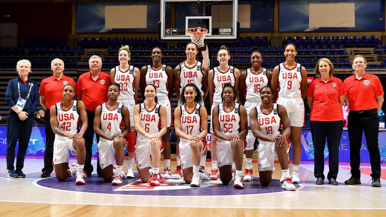U.S. basketball women's team (From L-R upper row) : [USA]Katie Lou Samuelson, Sylvia Fowles, Brittney Griner, Breanna Stewart, Nneka Ogwumike, A'Ja Wilson. ( From L-R lower row): Tiffany Mitchell, Jewell Loyd, Sue Bird, Skylar Diggins, Ariel Atkins and Chelsea Gray, pose prior the FIBA Women's Olympic Qualifying Tournament match between Serbia and USA, on February 6, 2020, in Belgrade.