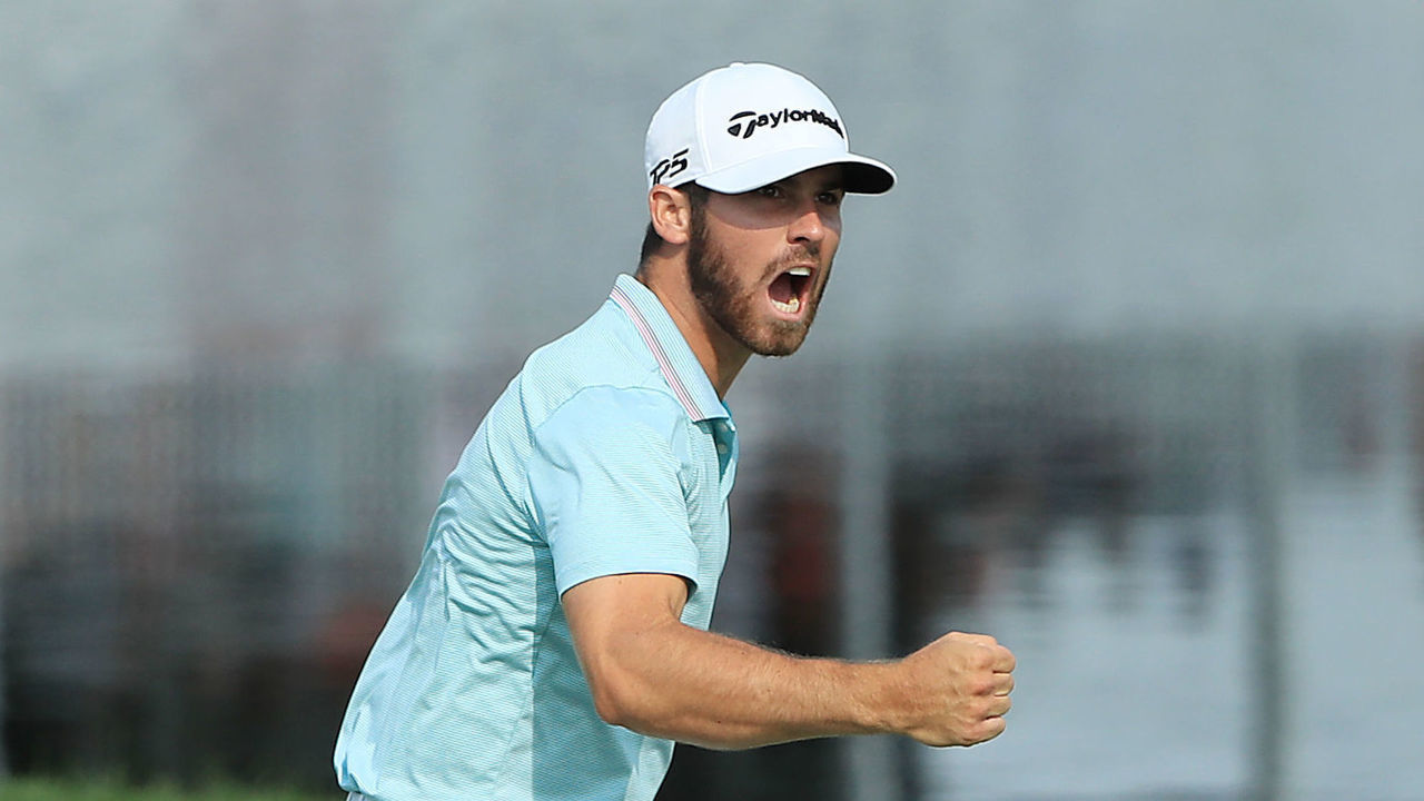 BLAINE, MINNESOTA - JULY 07: Matthew Wolff of the United States celebrates after a eagle putt on the 18th green to win the 3M Open at TPC Twin Cities on July 07, 2019 in Blaine, Minnesota.