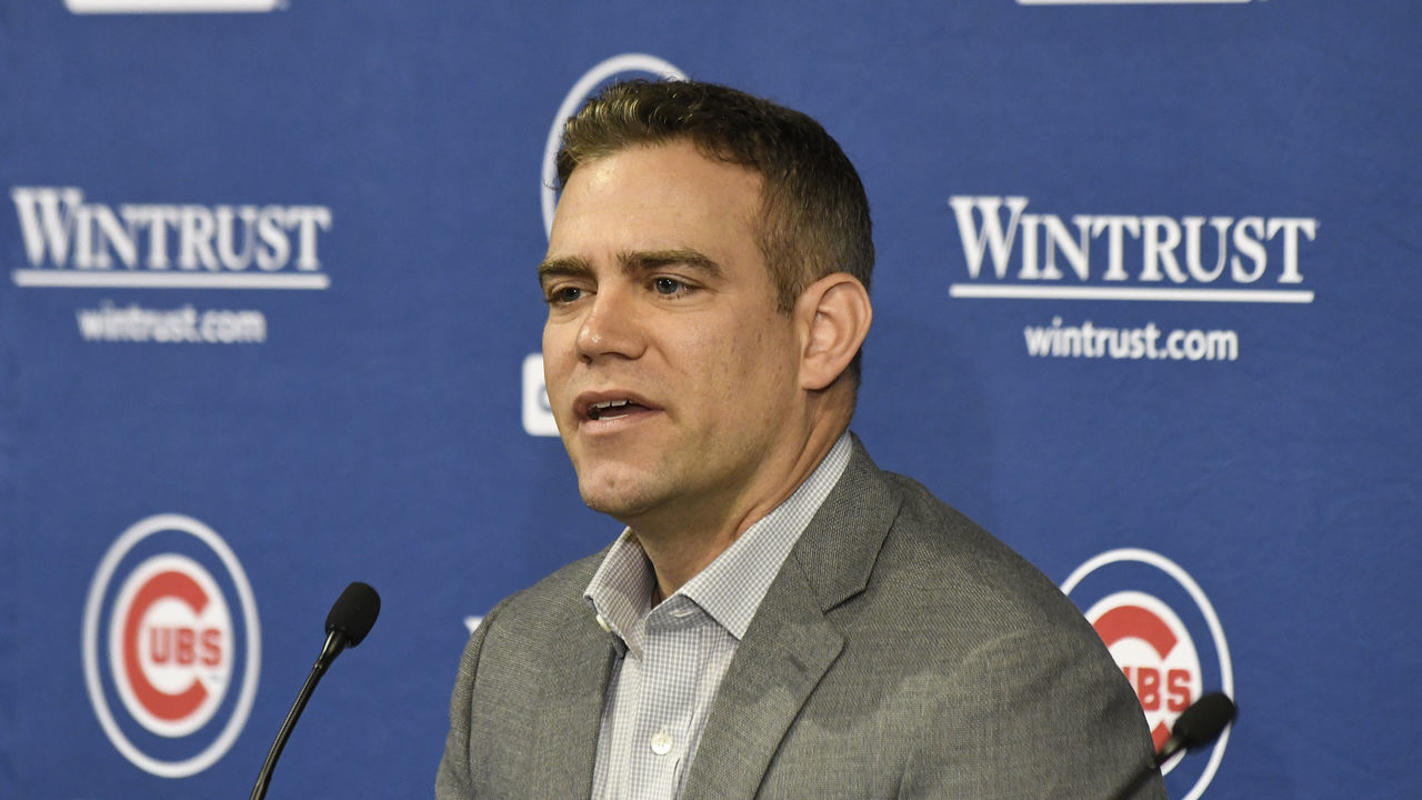 CHICAGO, ILLINOIS - OCTOBER 28: Theo Epstein, president of baseball operations of the Chicago Cubs at a press conference introducing David Ross as the new manager of the Chicago Cubs at Wrigley Field on October 28, 2019 in Chicago, Illinois.