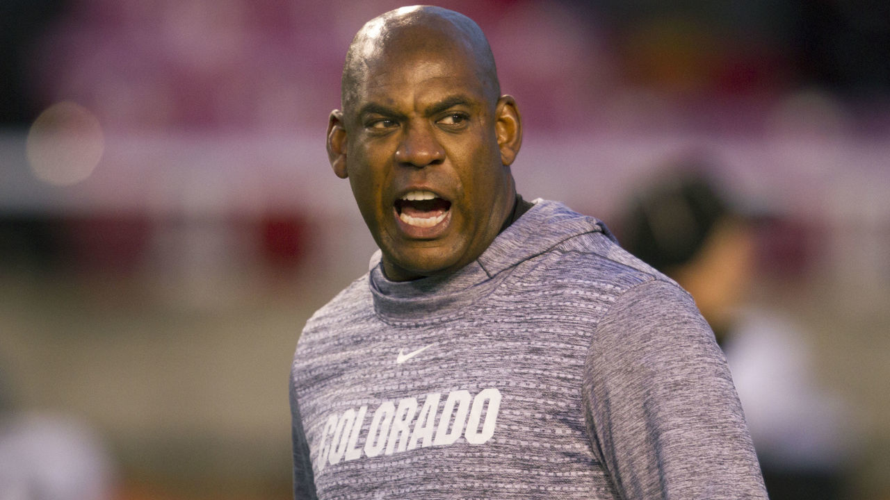 SALT LAKE CITY, UT - NOVEMBER 30: Mel Tucker head coach of the Colorado Buffaloes shouts to his players during warmups before their game against the Utah Utes at Rice-Eccles Stadium on November 30, 2019 in Salt Lake City, Utah.