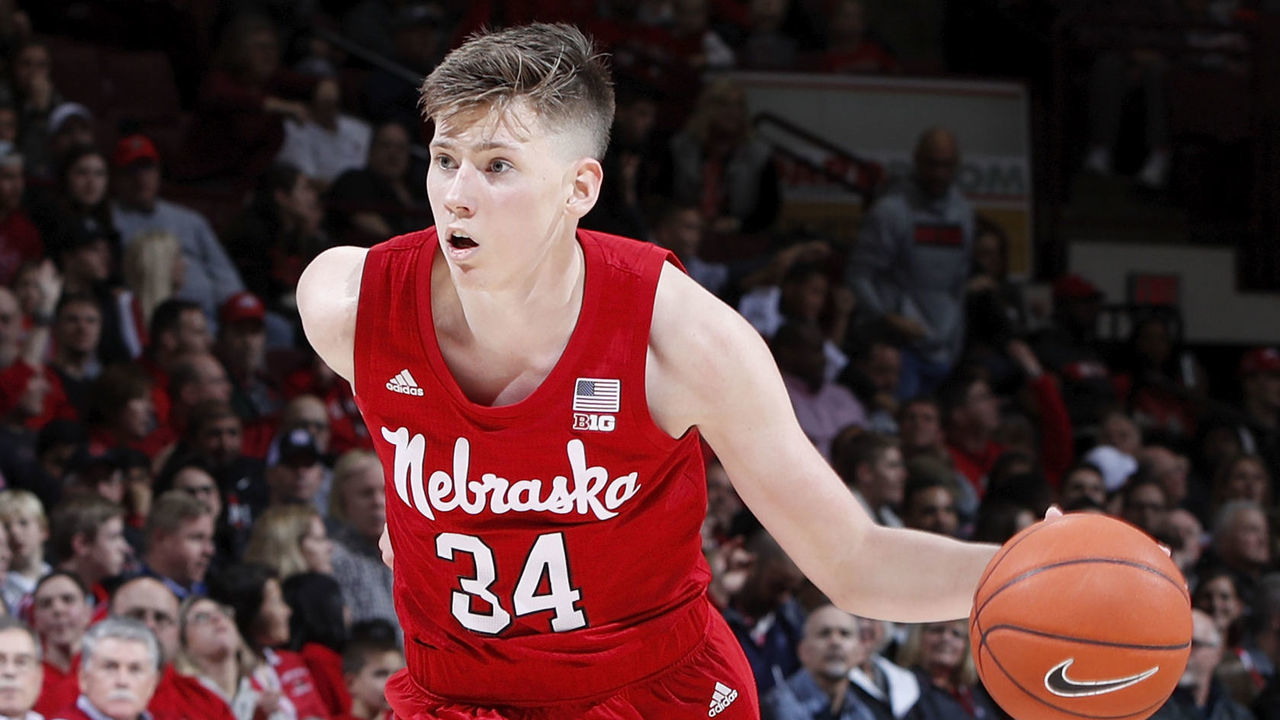 COLUMBUS, OH - JANUARY 14: Thorir Thorbjarnarson #34 of the Nebraska Cornhuskers handles the ball during a game against the Ohio State Buckeyes at Value City Arena on January 14, 2020 in Columbus, Ohio. Ohio State defeated Nebraska 80-68.
