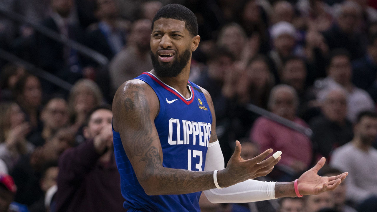 PHILADELPHIA, PA - FEBRUARY 11: Paul George #13 of the Los Angeles Clippers reacts against the Philadelphia 76ers in the fourth quarter at the Wells Fargo Center on February 11, 2020 in Philadelphia, Pennsylvania. The 76ers defeated the Clippers 110-103. NOTE TO USER: User expressly acknowledges and agrees that, by downloading and/or using this photograph, user is consenting to the terms and conditions of the Getty Images License Agreement.