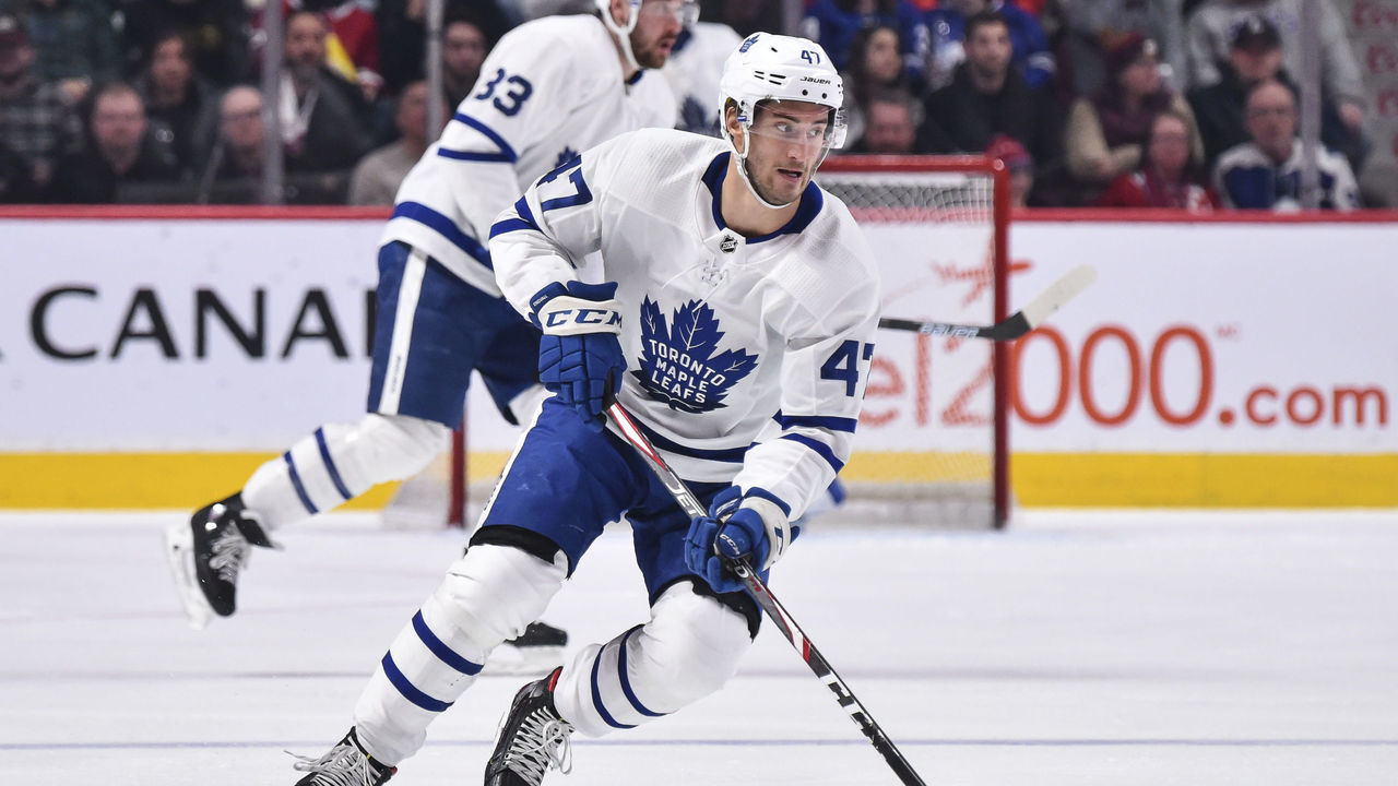 MONTREAL, QC - FEBRUARY 08: Pierre Engvall #47 of the Toronto Maple Leafs skates against the Montreal Canadiens during the third period at the Bell Centre on February 8, 2020 in Montreal, Canada. The Montreal Canadiens defeated the Toronto Maple Leafs 2-1 in overtime.
