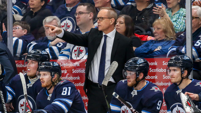 WINNIPEG, MB - FEBRUARY 4: Head Coach Paul Maurice of the Winnipeg Jets makes a point from the bench during third period action against the Nashville Predators at the Bell MTS Place on February 4, 2020 in Winnipeg, Manitoba, Canada.