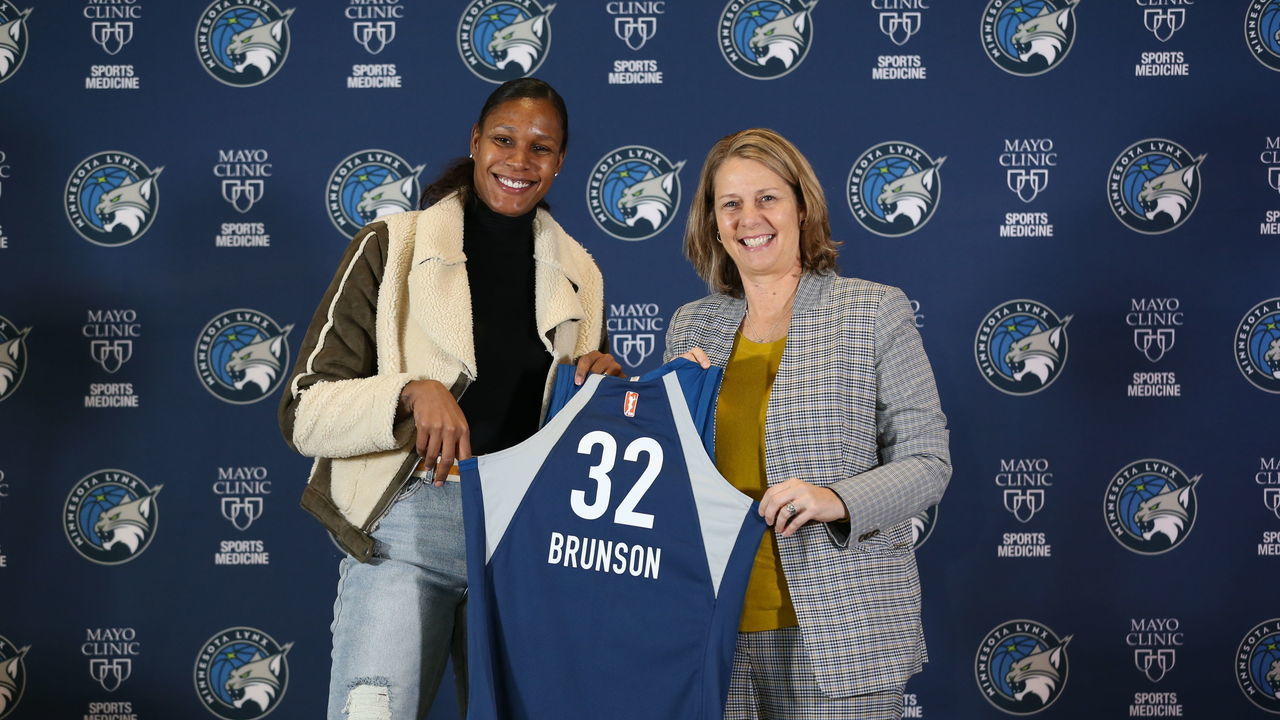 MINNEAPOLIS, MN - FEBRUARY 11: Rebekkah Brunson and Cheryl Reeve of the Minnesota Lynx announce Rebekkah Brunson retirement and her hiring as an Lynx assistant Coach on February 11, 2020 at Target Center in Minneapolis, Minnesota. NOTE TO USER: User expressly acknowledges and agrees that, by downloading and or using this Photograph, user is consenting to the terms and conditions of the Getty Images License Agreement. Mandatory Copyright Notice: Copyright 2018 NBAE