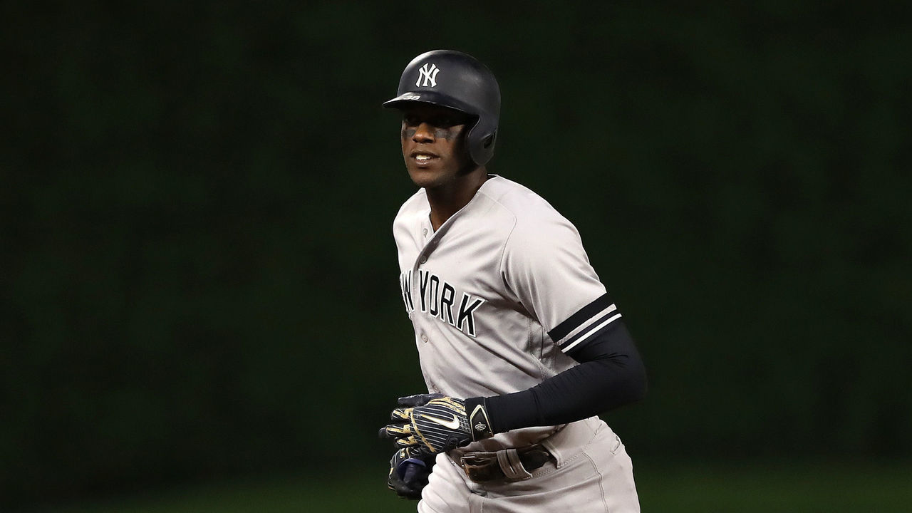 MINNEAPOLIS, MINNESOTA - OCTOBER 07: Cameron Maybin #38 of the New York Yankees celebrates his one run home run against the Minnesota Twins in the ninth inning in game three of the American League Division Series at Target Field on October 07, 2019 in Minneapolis, Minnesota.