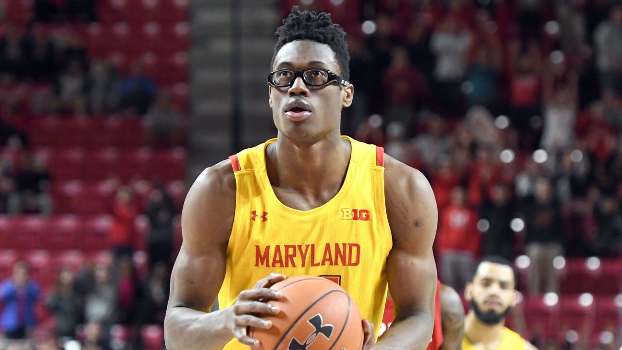 COLLEGE PARK, MD - FEBRUARY 11: Jalen Smith #25 of the Maryland Terrapins takes a foul shot in the second half during a college basketball game against the Nebraska Cornhuskers at the Xfinity Center on February 11, 2020 in College Park, Maryland.