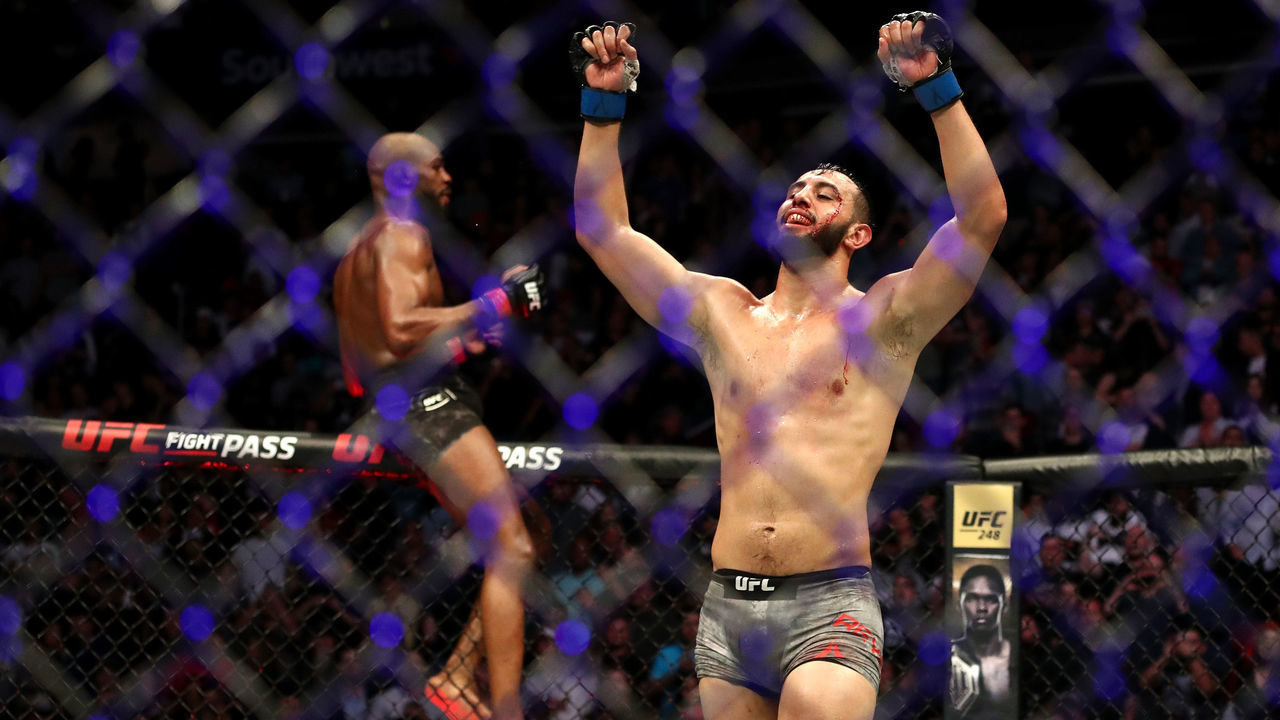 HOUSTON, TEXAS - FEBRUARY 08: Dominick Reyes reacts after his fight against Jon Jones in their UFC Light Heavyweight Championship bout during UFC 247 at Toyota Center on February 08, 2020 in Houston, Texas.
