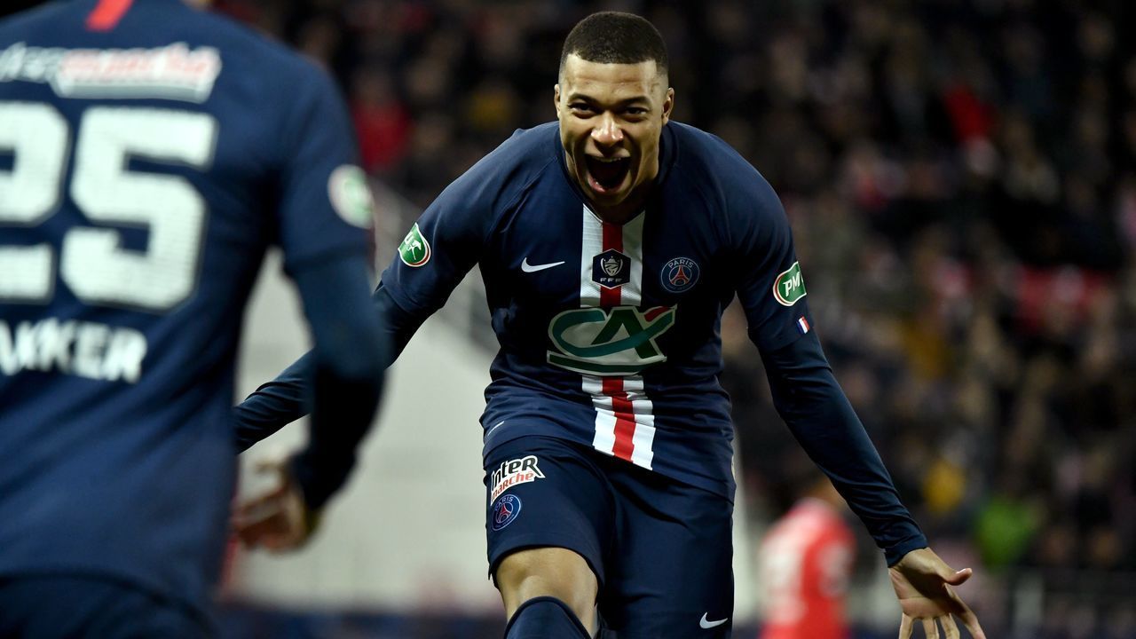 Paris Saint-Germain's French forward Kylian Mbappe celebrates after an own goal by a Dijon player during the French Cup quarter final football match Dijon (DFCO) vs Paris Saint-Germain (PSG) on February 12, 2020 at the Gaston Gerard stadium in Dijon.