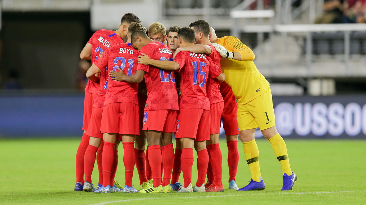 WASHINGTON, D.C. - OCTOBER 11: Christian Pulisic and the USA men huddle up during their Nations League game versus Cuba at Audi Field, on October 11, 2019 in Washington D.C. .