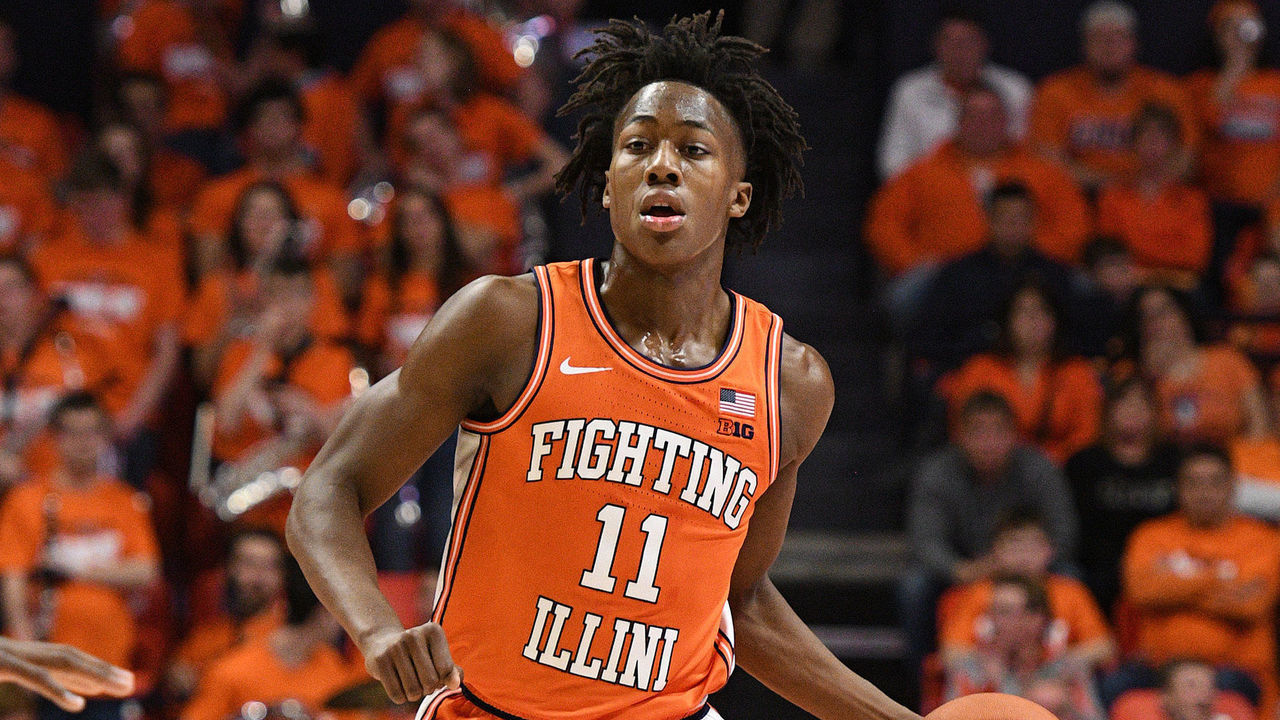 CHAMPAIGN, IL - FEBRUARY 11: Illinois Fighting Illini guard Ayo Dosunmu (11) dribbles the ball during the Big Ten Conference college basketball game between the Michigan State Spartans and the Illinois Fighting Illini on February 11, 2020, at the State Farm Center in Champaign, Illinois.