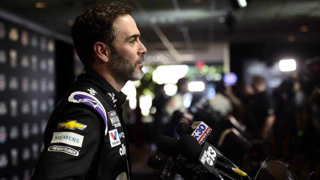 DAYTONA BEACH, FLORIDA - FEBRUARY 12: Jimmie Johnson, driver of the #48 Ally Chevrolet, speaks with the media during the NASCAR Cup Series 62nd Annual Daytona 500 Media Day at Daytona International Speedway on February 12, 2020 in Daytona Beach, Florida.