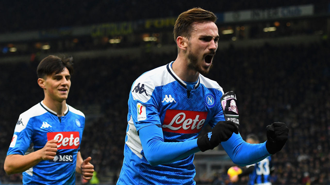 MILAN, ITALY - FEBRUARY 12: Fabian Ruiz of SSC Napoli celebrates after scoring the opening goalduring the Coppa Italia Semi Final match between FC Internazionale and SSC Napoli at Stadio Giuseppe Meazza on February 12, 2020 in Milan, Italy.
