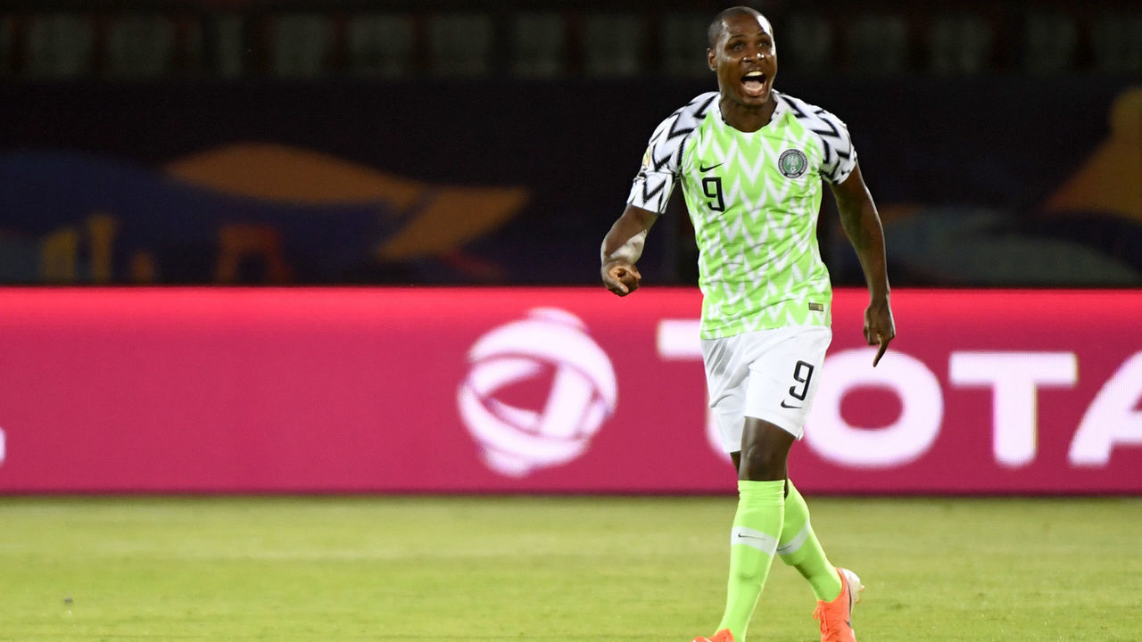 Nigeria's forward Odion Ighalo celebrates after scoring a goal during the 2019 Africa Cup of Nations (CAN) third place play-off football match between Tunisia and Nigeria at the Al Salam stadium in Cairo on July 17, 2019.