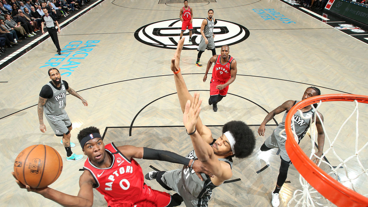 BROOKLYN, NY - FEBRUARY 12: Terence Davis #0 of the Toronto Raptors shoots the ball against the Brooklyn Nets on February 12, 2020 at Barclays Center in Brooklyn, New York. Mandatory Copyright Notice: Copyright 2020 NBAE