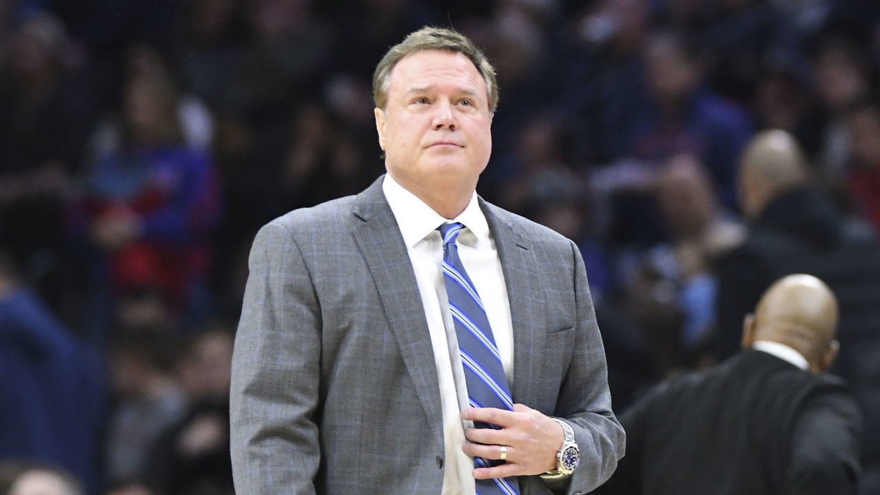 PHILADELPHIA, PA - DECEMBER 21: Kansas Jayhawks head coach Bill Self looks on during the game between the Kansas Jayhawks and the Villanova Wildcats on December 21, 2019 at the Wells Fargo Center in Philadelphia, PA.