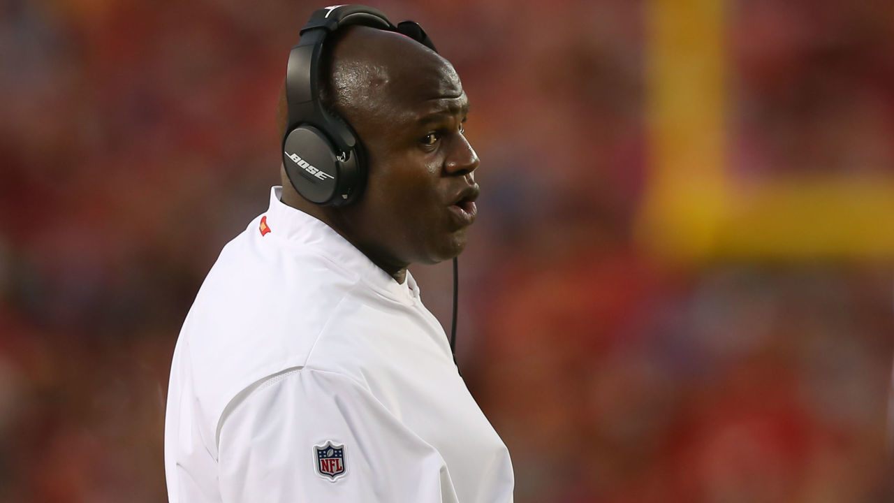 KANSAS CITY, MO - AUGUST 24: Kansas City Chiefs offensive coordinator Eric Bienemy in the first half of an NFL preseason game between the San Francisco 49'ers and Kansas City Chiefs on August 24, 2019 at Arrowhead Stadium in Kansas City, MO.