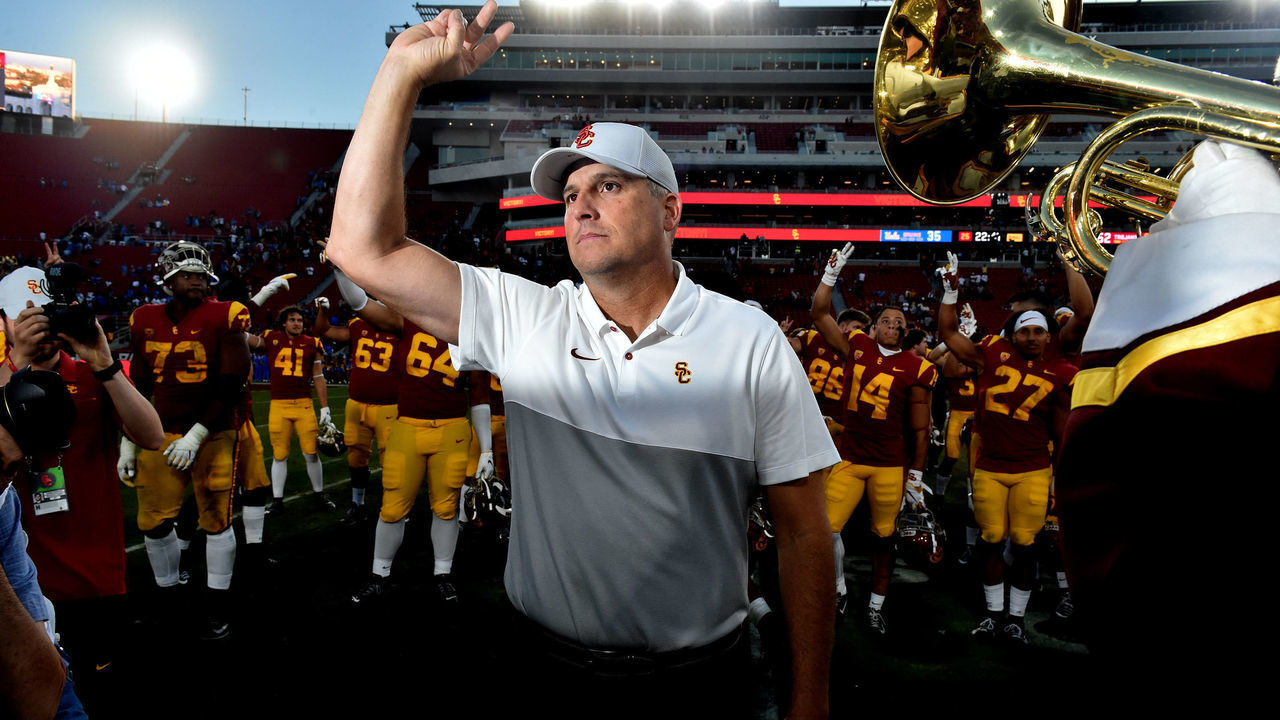 LOS ANGELES, CA - NOVEMBER 23: Head coach Clay Helton of the USC Trojans after defeating the UCLA Bruins 52-35 during a a NCAA football game at the Los Angeles Memorial Coliseum on Saturday, November 23, 2019 in Los Angeles, California.
