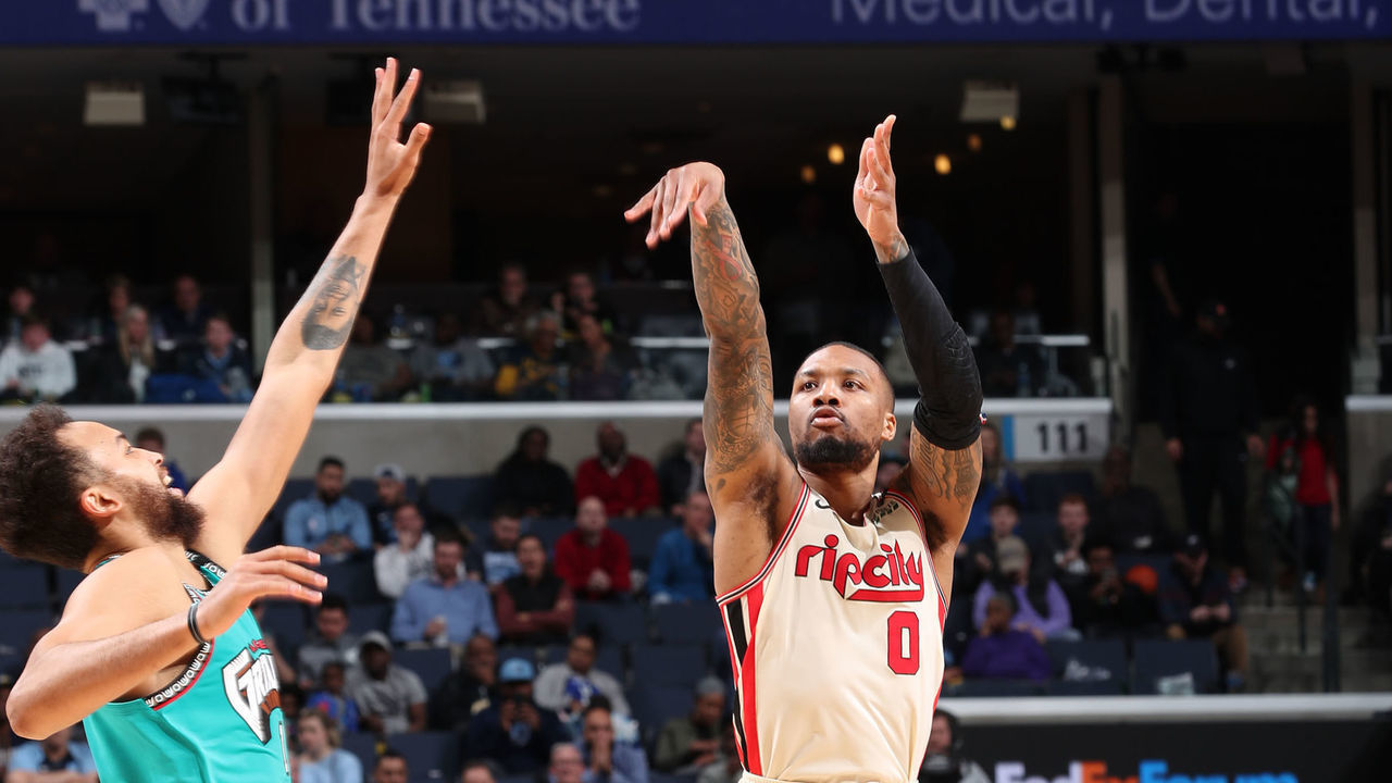 MEMPHIS, TN - FEBRUARY 12: Damian Lillard #0 of the Portland Trail Blazers shoots three point basket against the Memphis Grizzlies on February 12, 2020 at FedExForum in Memphis, Tennessee. Mandatory Copyright Notice: Copyright 2020 NBAE