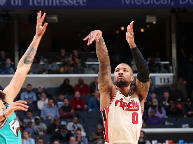 MEMPHIS, TN - FEBRUARY 12: Damian Lillard #0 of the Portland Trail Blazers shoots three point basket against the Memphis Grizzlies on February 12, 2020 at FedExForum in Memphis, Tennessee. Mandatory Copyright Notice: Copyright 2020 NBAE