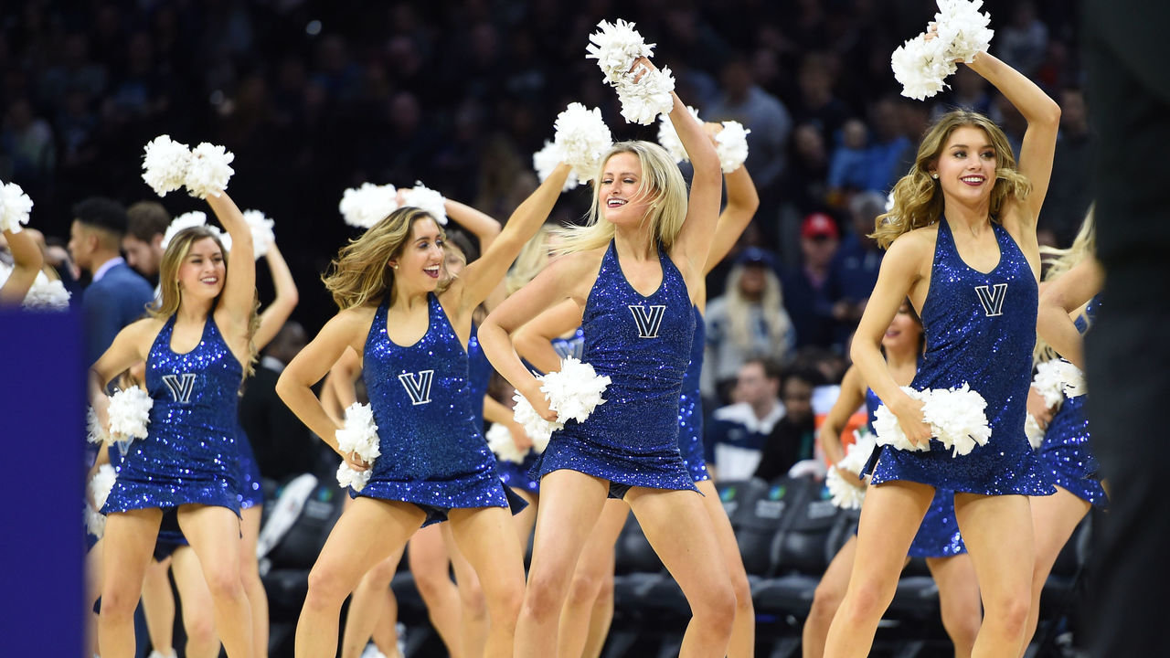 PHILADELPHIA, PA - FEBRUARY 08: Villanova Wildcats cheerleaders perform during the game between the Seton Hall Pirates and the Villanova Wildcats on February 8, 2020, at the Wells Fargo Center in Philadelphia, PA.