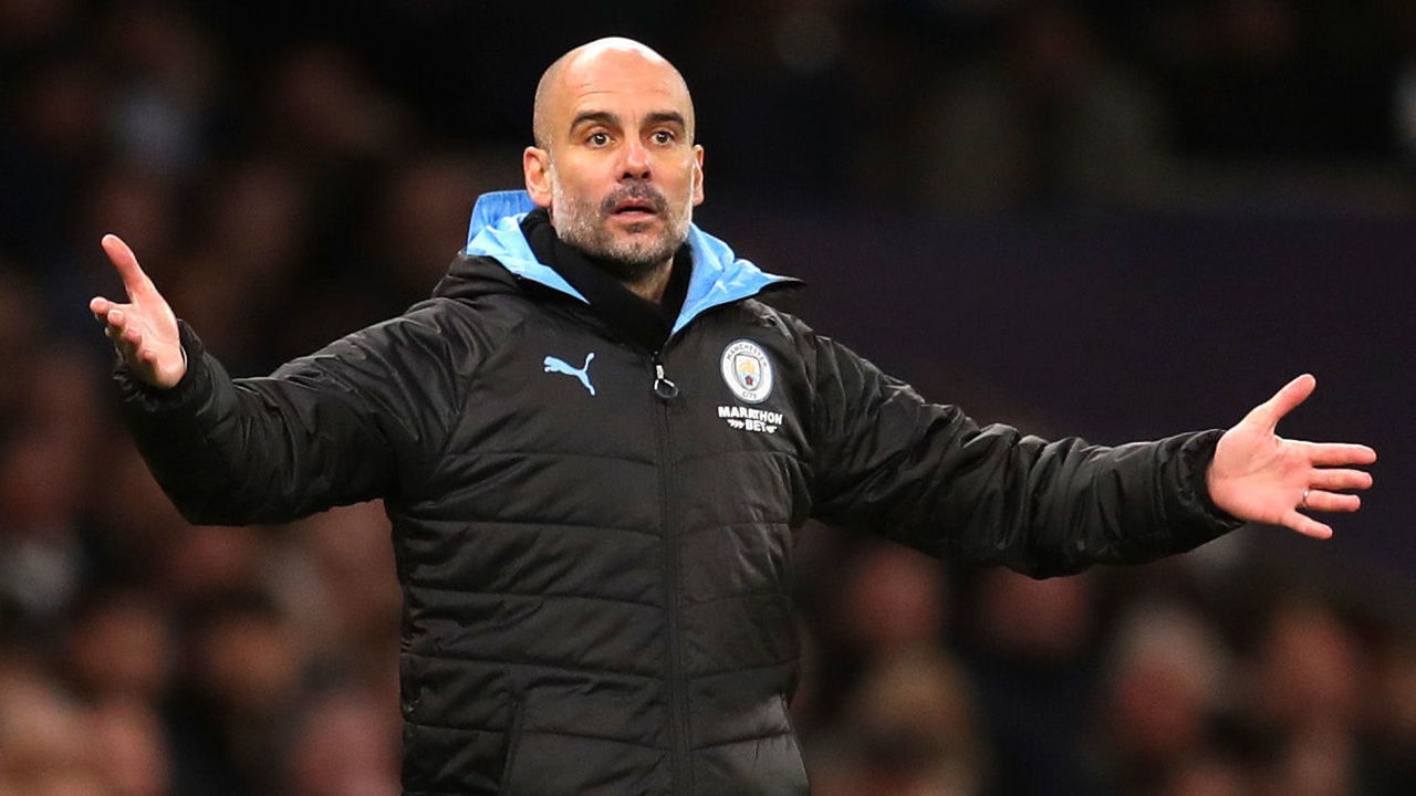 LONDON, ENGLAND - FEBRUARY 02: Pep Guardiola, Manager of Manchester City reatcs during the Premier League match between Tottenham Hotspur and Manchester City at Tottenham Hotspur Stadium on February 02, 2020 in London, United Kingdom.
