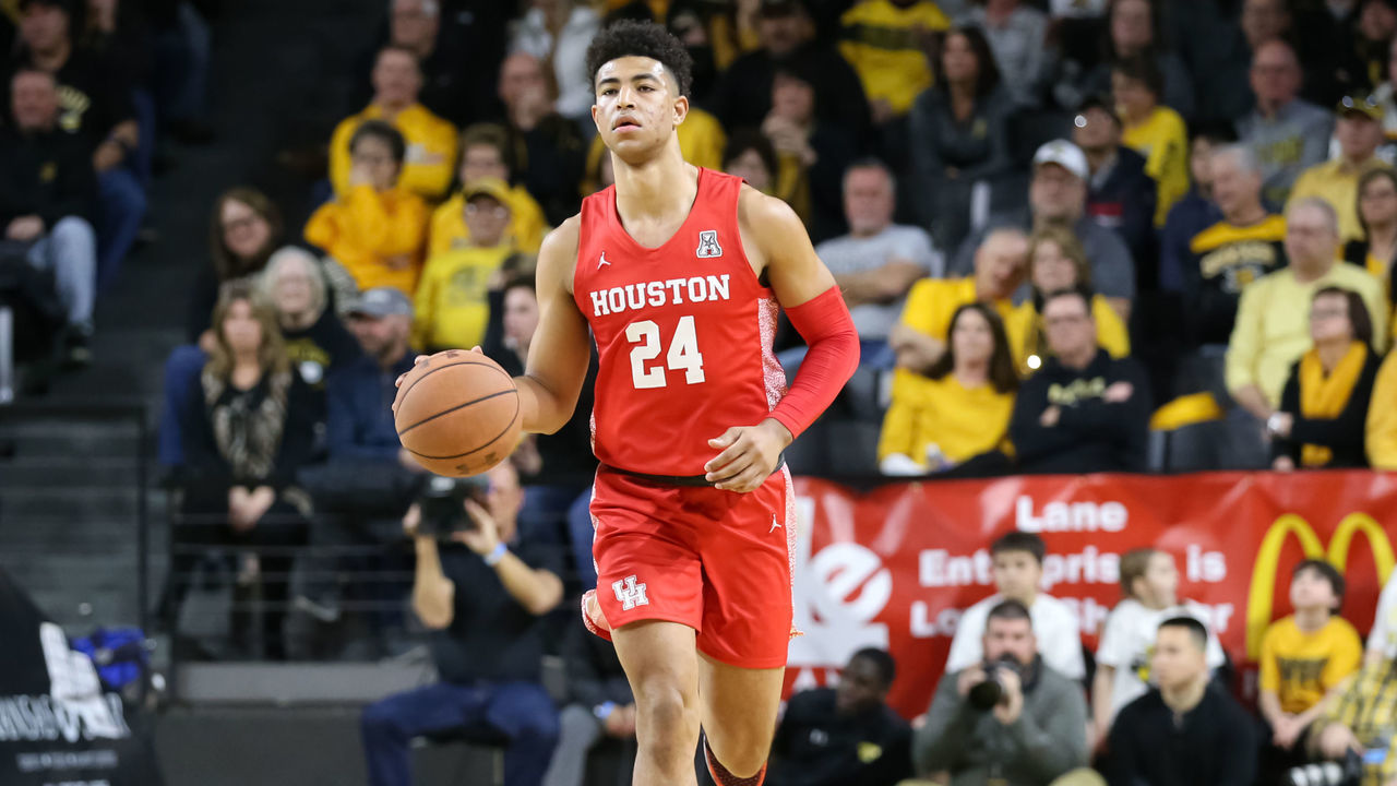 WICHITA, KS - JANUARY 18: Houston Cougars guard Quentin Grimes (24) brings the ball up court in the second half of an AAC basketball game between the Houston Cougars and Wichita State Shockers on January 18, 2020 at Charles Koch Arena in Wichita, KS.