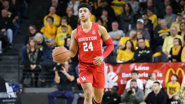 WICHITA, KS - JANUARY 18: Houston Cougars guard Quentin Grimes (24) brings the ball up court in the second half of an AAC basketball game between the Houston Cougars and Wichita State Shockers on January 18, 2020 at Charles Koch Arena in Wichita, KS.