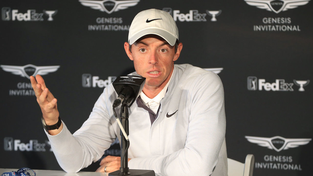 PACIFIC PALISADES, CALIFORNIA - FEBRUARY 12: Rory McIlroy of Northern Ireland talks to the media after he had played in the pro-am as a preview for the Genesis Invitational at the Riviera Country Club on February 12, 2020 in Pacific Palisades, California.