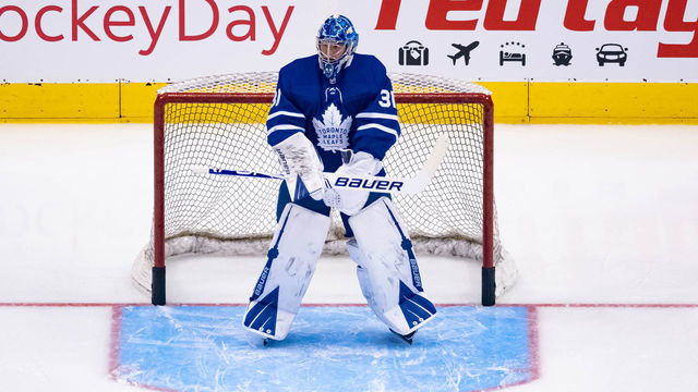 TORONTO, ON - FEBRUARY 03: Toronto Maple Leafs Goalie Frederik Andersen (31) tends the net during warm up before the NHL regular season game between the Florida Panthers and the Toronto Maple Leafs on February 3, 2020, at Scotiabank Arena in Toronto, ON, Canada.