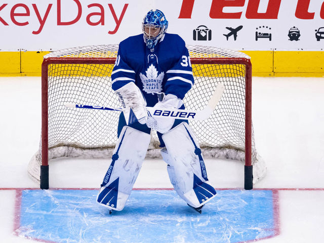 TORONTO, ON - FEBRUARY 03: Toronto Maple Leafs Goalie Frederik Andersen (31) tends the net during warm up before the NHL regular season game between the Florida Panthers and the Toronto Maple Leafs on February 3, 2020, at Scotiabank Arena in Toronto, ON, Canada.