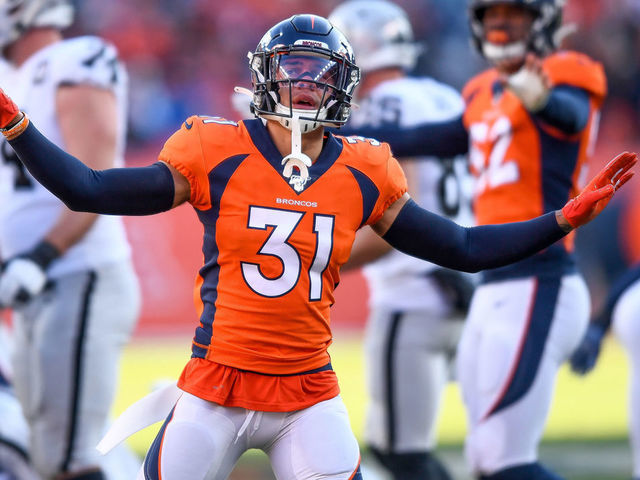 DENVER, CO - DECEMBER 29: Justin Simmons #31 of the Denver Broncos signals a missed field goal in the first quarter of a game against the Oakland Raiders at Empower Field at Mile High on December 29, 2019 in Denver, Colorado.