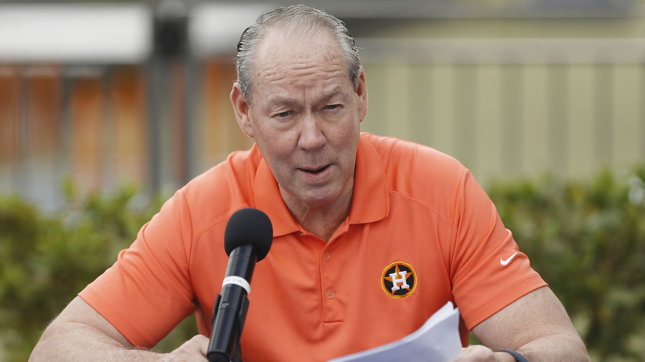 WEST PALM BEACH, FLORIDA - FEBRUARY 13: Owner Jim Crane of the Houston Astros reads a prepared statement during a press conference at FITTEAM Ballpark of The Palm Beaches on February 13, 2020 in West Palm Beach, Florida.