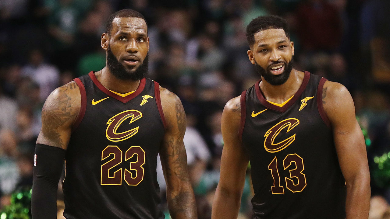 BOSTON, MA - MAY 27: (L-R) Jeff Green #32, LeBron James #23 and Tristan Thompson #13 of the Cleveland Cavaliers look on in the first half against the Boston Celtics during Game Seven of the 2018 NBA Eastern Conference Finals at TD Garden on May 27, 2018 in Boston, Massachusetts.