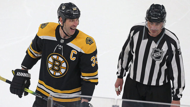 BOSTON, MA. - FEBRUARY 12: Zdeno Chara #33 of the Boston Bruins yells at Brendan Gallagher #11 of the Montreal Canadiens as they head to the penalty box during the second period of the NHL game at the TD Garden on February 12, 2020 in Boston, Massachusetts. (Staff Photo By Matt Stone/MediaNews Group/Boston Herald)