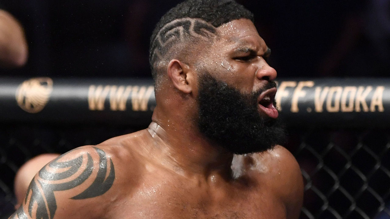 RALEIGH, NORTH CAROLINA - JANUARY 25: Curtis Blaydes reacts after his knockout victory over Junior Dos Santos in their heavyweight fight during the UFC Fight Night event at PNC Arena on January 25, 2020 in Raleigh, North Carolina.