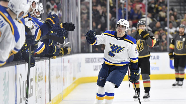 LAS VEGAS, NEVADA - JANUARY 04: David Perron #57 of the St. Louis Blues celebrates after scoring a goal during the third period against the Vegas Golden Knights at T-Mobile Arena on January 04, 2020 in Las Vegas, Nevada.