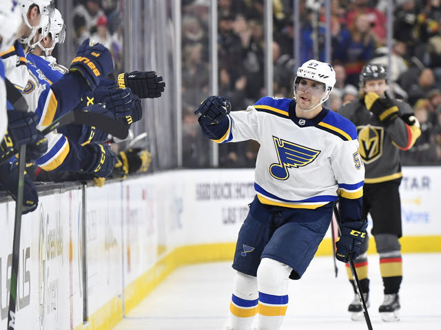 LAS VEGAS, NEVADA - JANUARY 04: David Perron #57 of the St. Louis Blues celebrates after scoring a goal during the third period against the Vegas Golden Knights at T-Mobile Arena on January 04, 2020 in Las Vegas, Nevada.